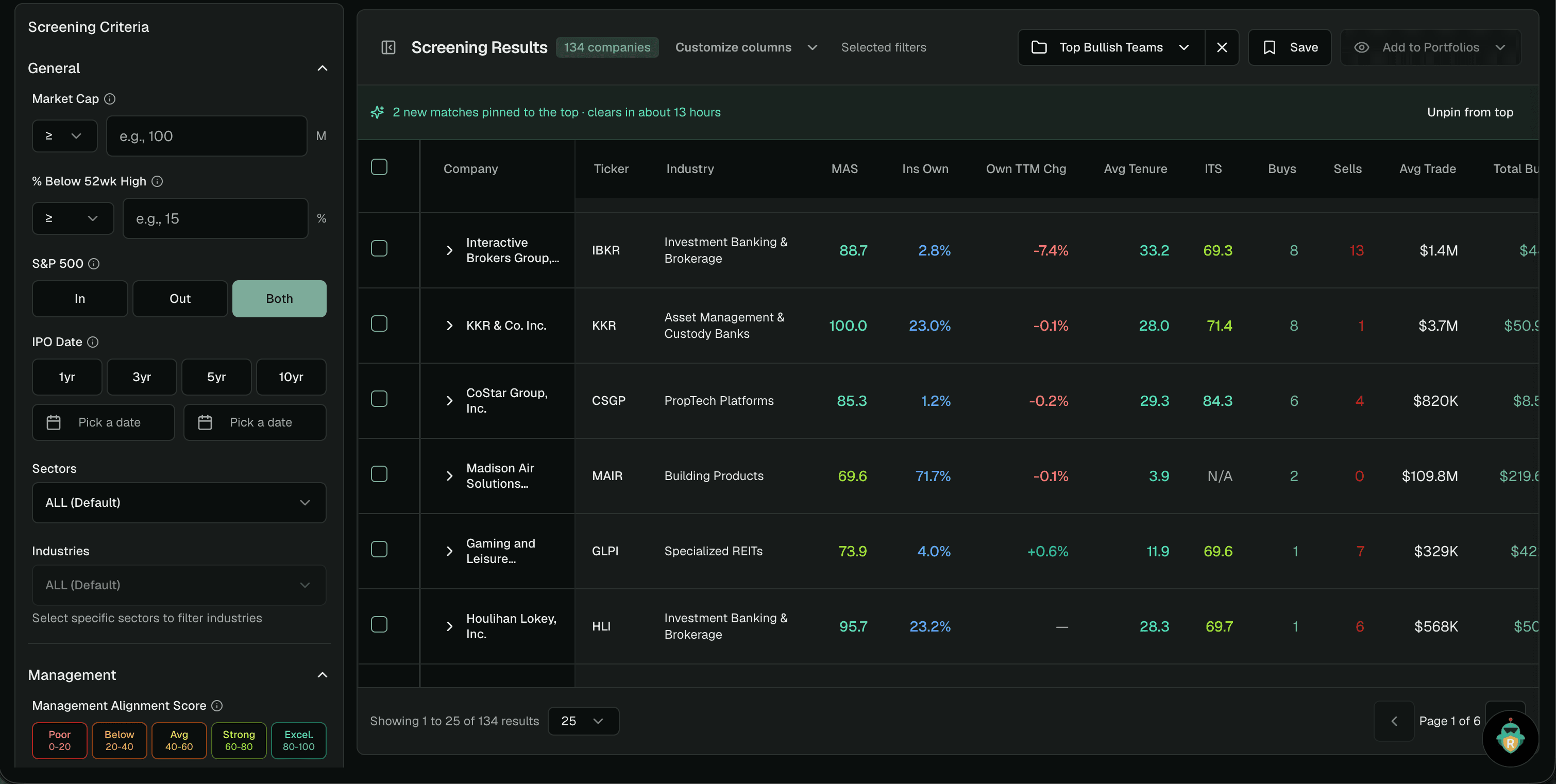 Custom screener interface